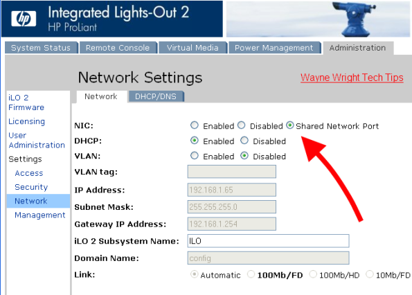 iLO 2 shared network port